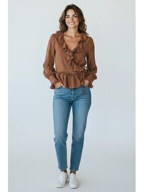 Everleigh Women's Brown Patterned Ruffle Wrap Blouse Size Small